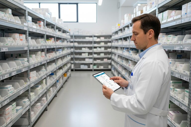 Persona in camice che consulta un tablet tra scaffalature di un magazzino farmaceutico organizzato.