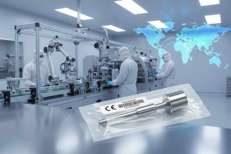Personale in tuta sterile in una linea di produzione automatizzata, con un dispositivo confezionato in primo piano.