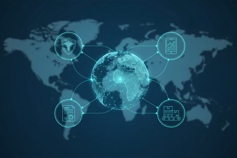Globo digitale collegato a icone di sicurezza sanitaria, analisi, certificazione e logistica.