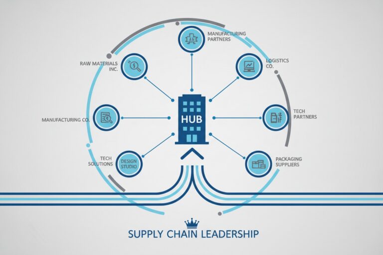 Diagramma a hub con un edificio al centro collegato a partner di produzione, logistica e tecnologia.