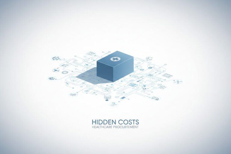 Cubo con simbolo medico circondato da una rete di icone, con etichetta 'hidden costs'.