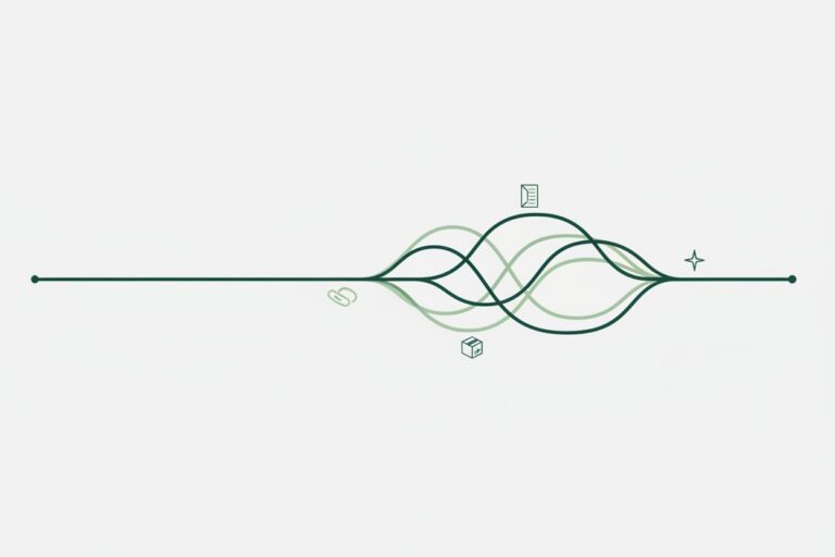 Due linee curve intrecciate che convergono in un punto, con piccole icone lungo il percorso.