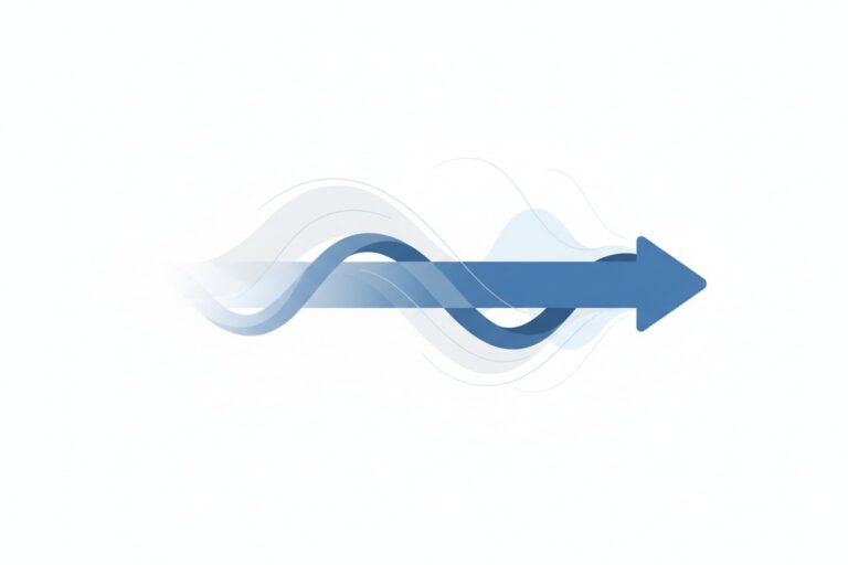 Freccia blu che avanza attraverso un percorso ondulato composto da linee sovrapposte.