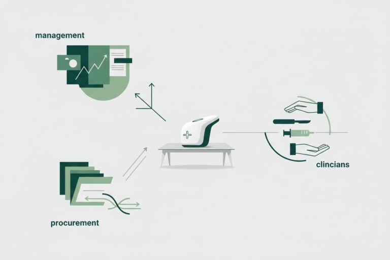 Dispositivo medico su un tavolo, collegato a icone di management, procurement e personale clinico.
