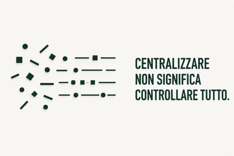 Forme geometriche sparse a sinistra collegate da linee e punti ordinati a destra.