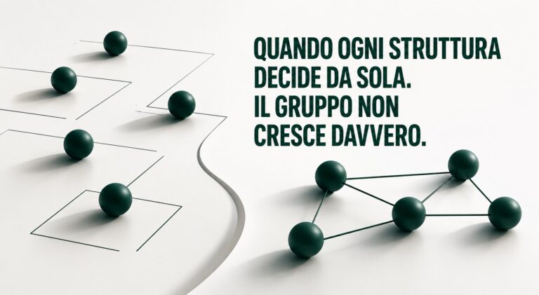 Sfere isolate su percorsi separati a sinistra, sfere connesse in una rete triangolare a destra.