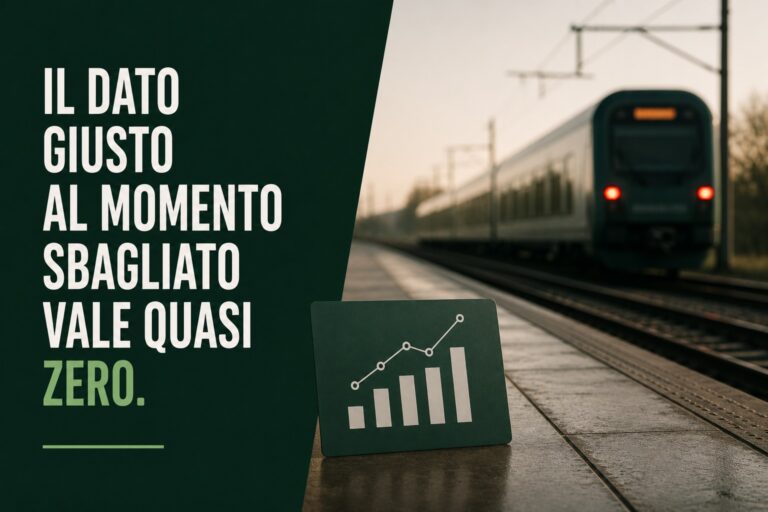 Tablet con grafico a barre in crescita appoggiato su una banchina ferroviaria, con treno in arrivo sullo sfondo.