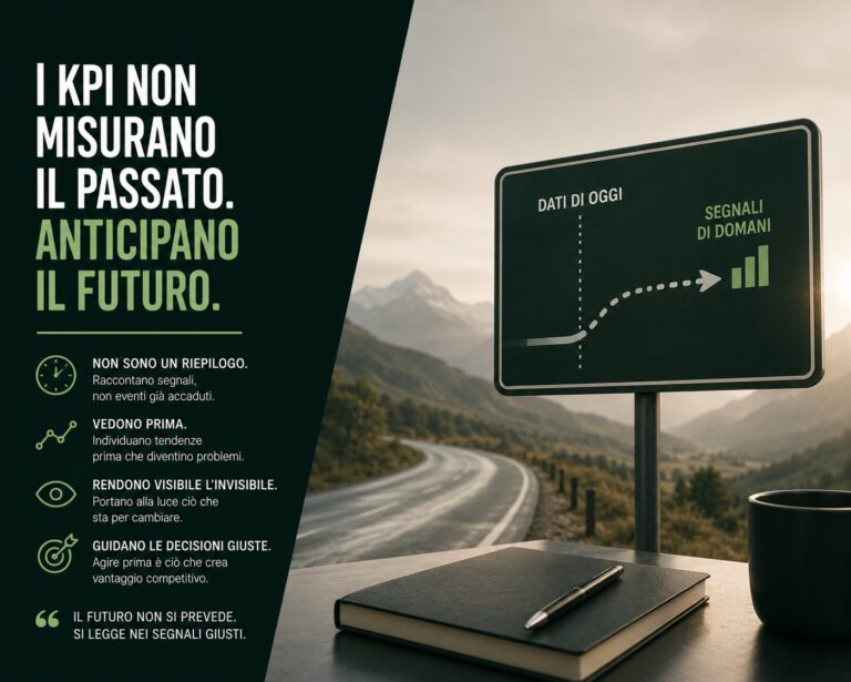 Cartello con grafico da 'dati di oggi' a 'segnali di domani' su un tavolo, con strada di montagna sullo sfondo.