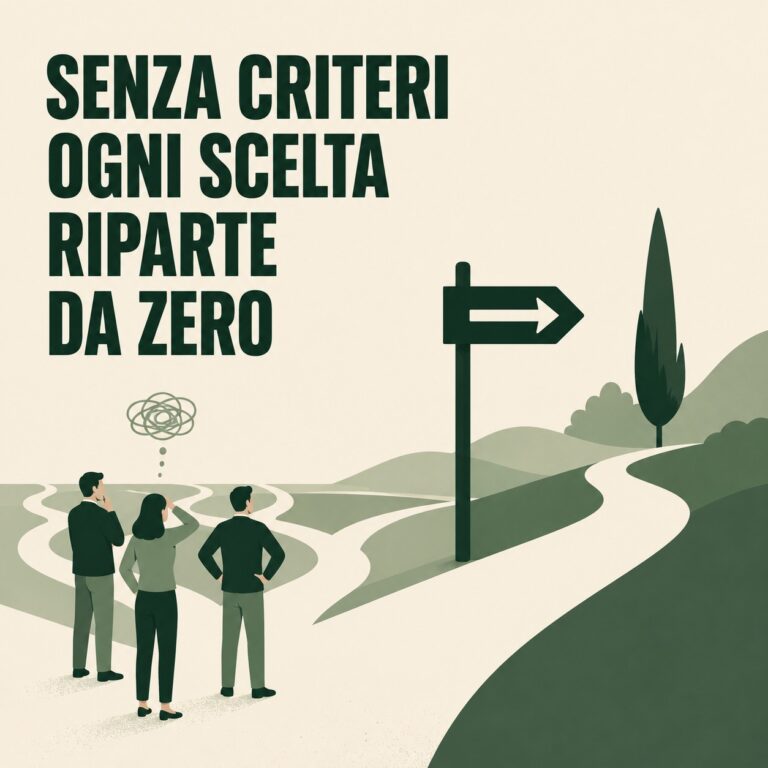 Bivio organizzativo con segnaletica chiara che rappresenta l'importanza di criteri condivisi nelle decisioni