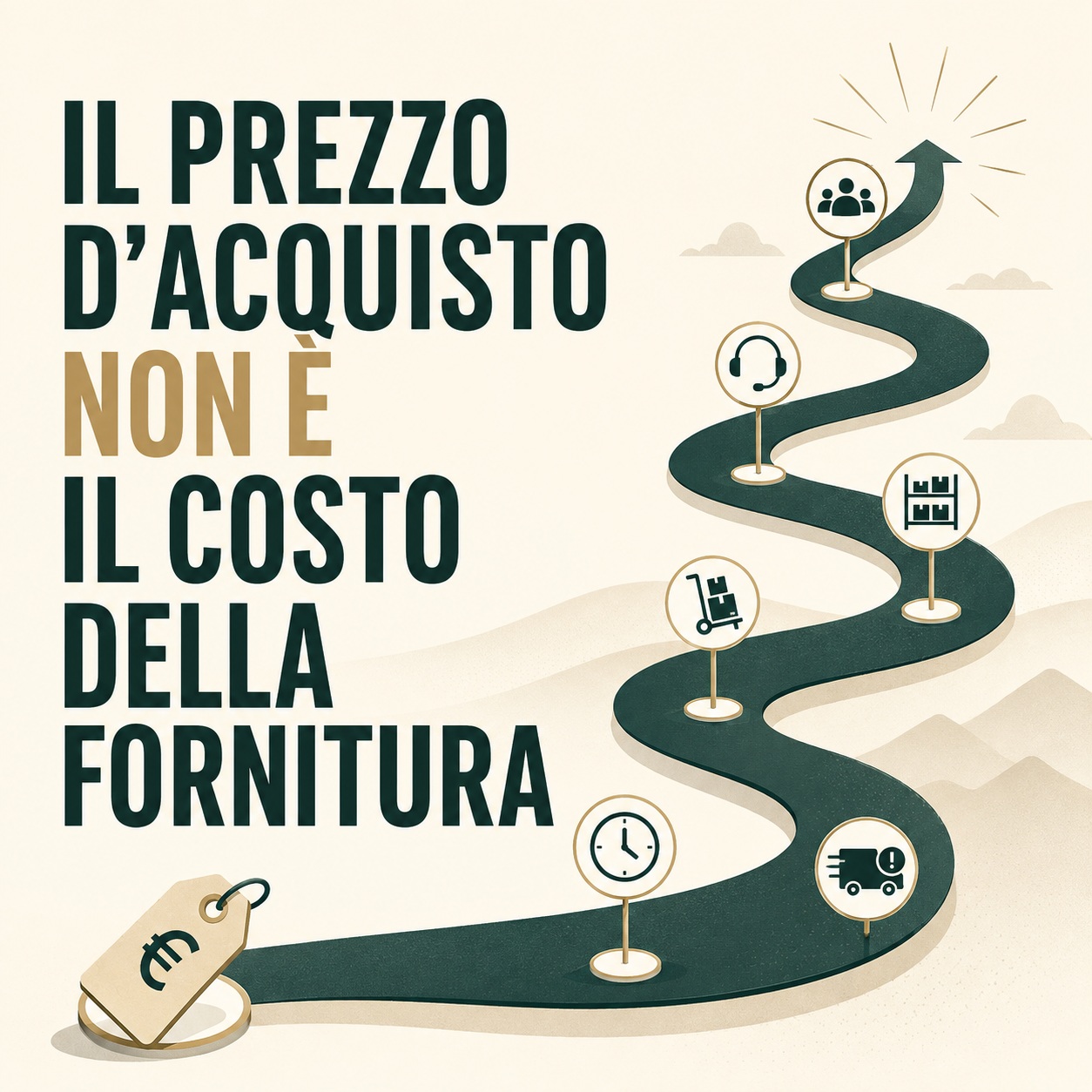 Percorso della fornitura che mostra come al prezzo di acquisto si aggiungano tempi, logistica, scorte, assistenza e costi organizzativi