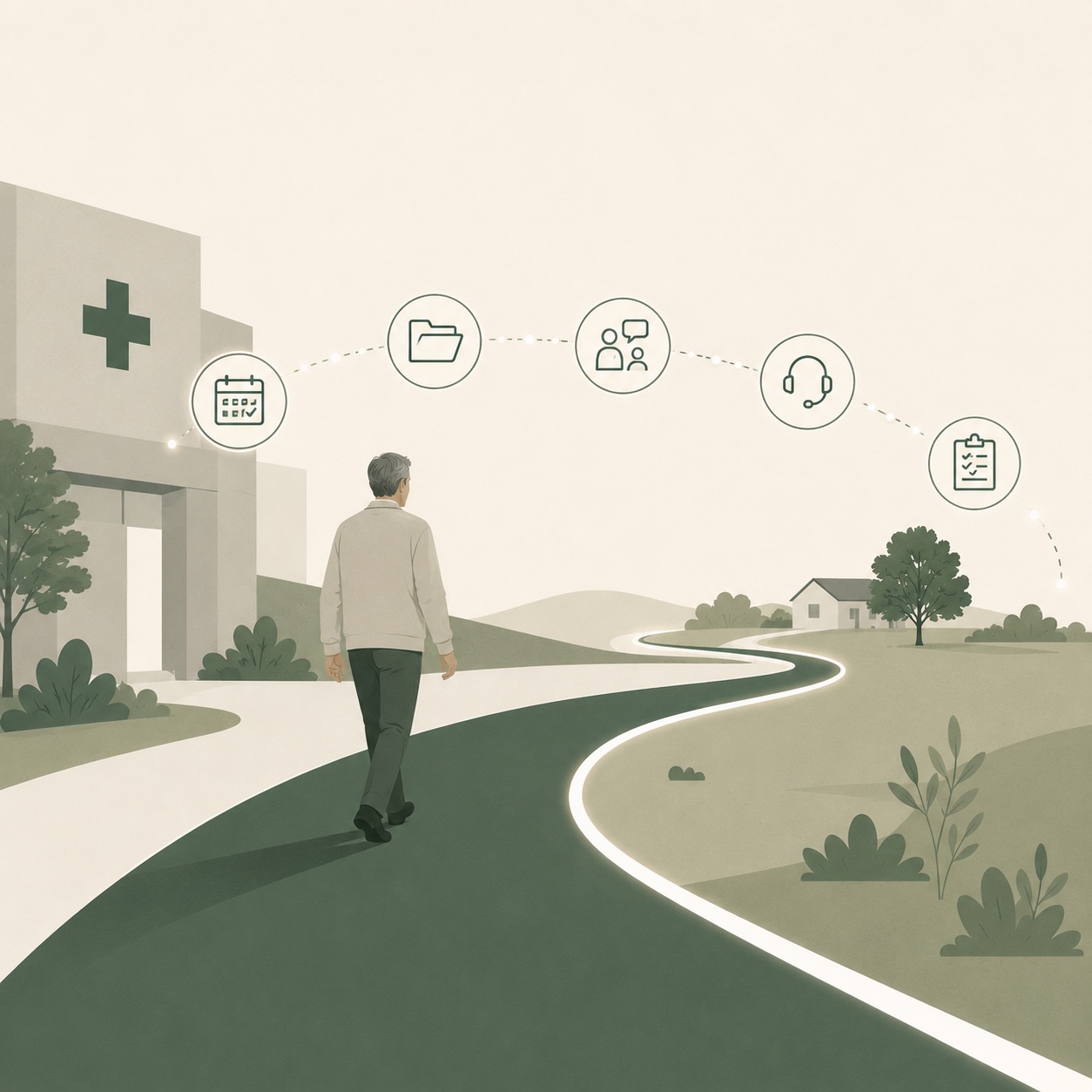 Paziente che lascia una struttura sanitaria mentre il percorso di follow-up continua attraverso documenti, comunicazioni e assistenza