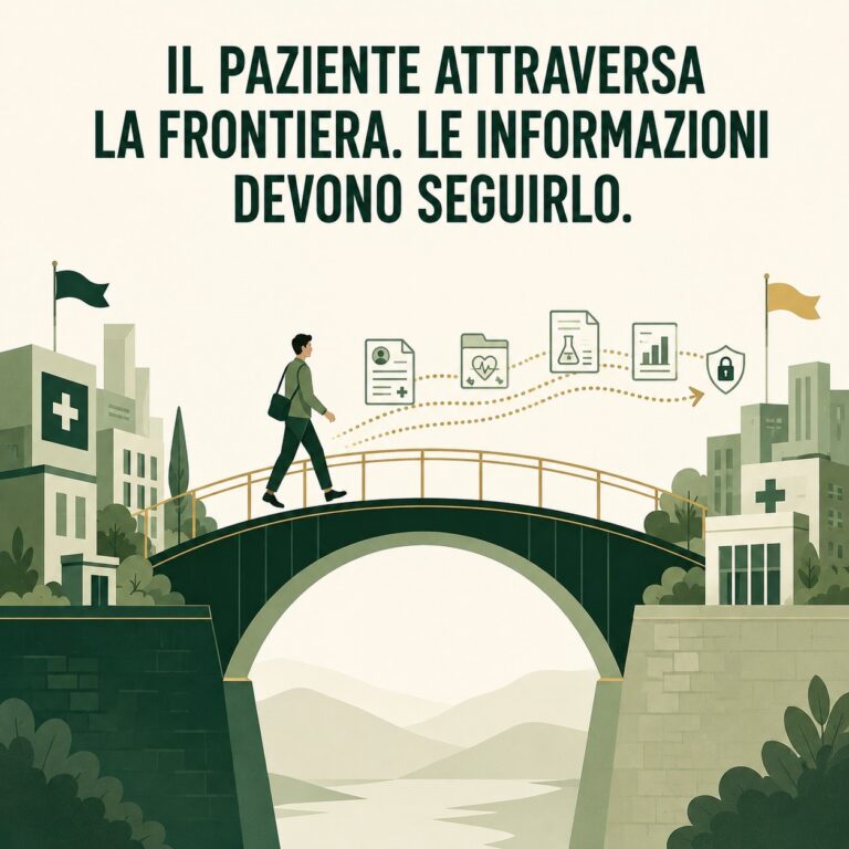 Paziente che attraversa un ponte tra due sistemi sanitari mentre documenti e informazioni lo accompagnano nel percorso transfrontaliero