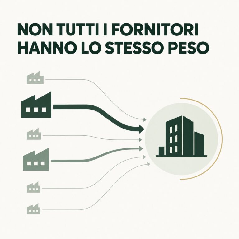 Sei fornitori di dimensioni e rilevanza diverse collegati da flussi di spessore differente a una struttura sanitaria, a rappresentare il loro peso relativo