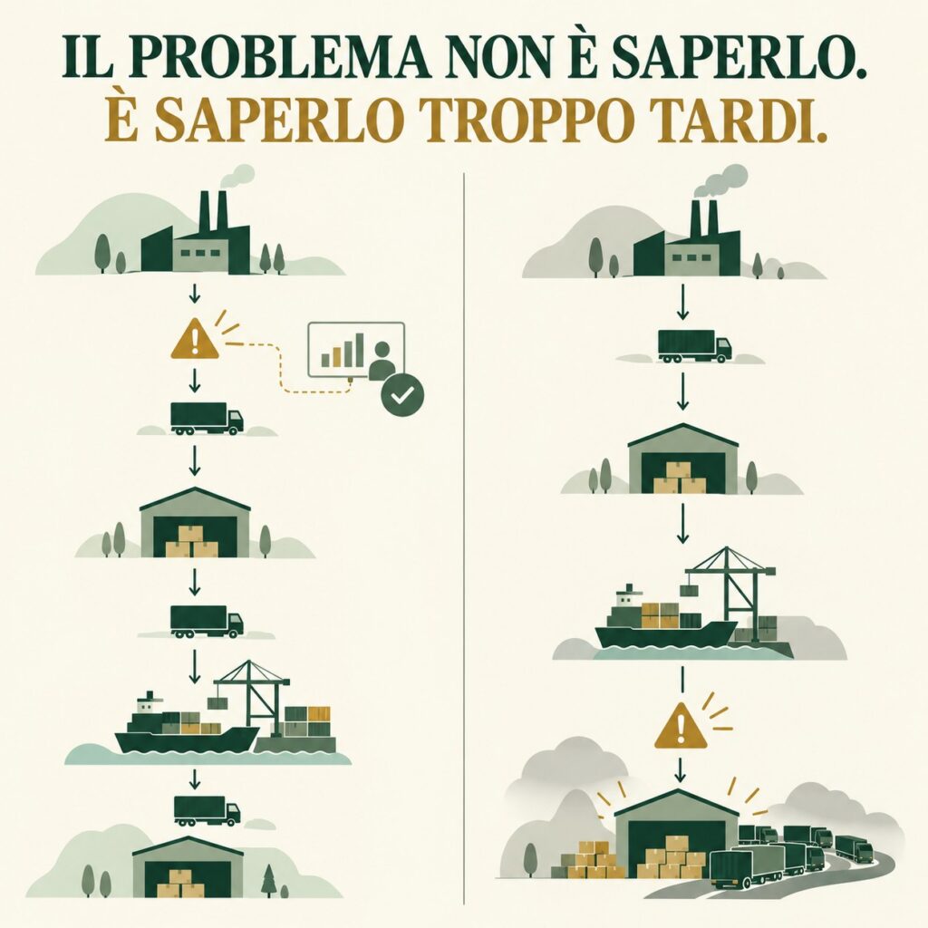 Grafica editoriale sul procurement che confronta una criticità comunicata in anticipo con una comunicata troppo tardi nella catena di fornitura.