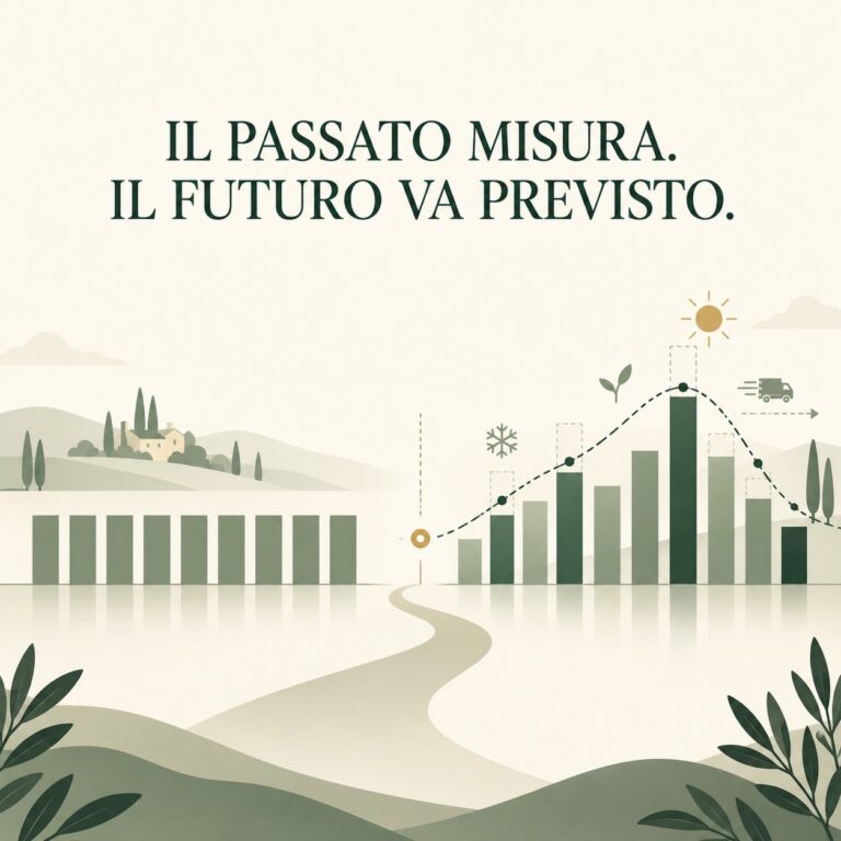 Grafica editoriale sul procurement che confronta il consumo storico con il fabbisogno futuro attraverso barre, andamento previsionale e segnali di cambiamento.
