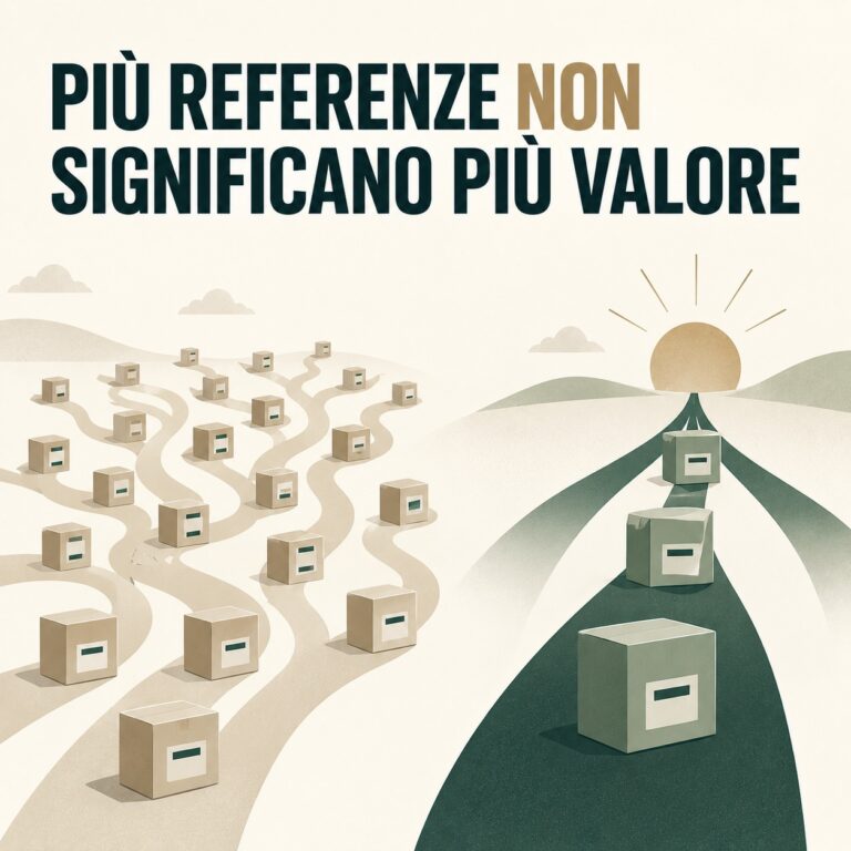 Molte referenze di prodotto disperse su percorsi diversi confrontate con un catalogo più semplice e razionalizzato