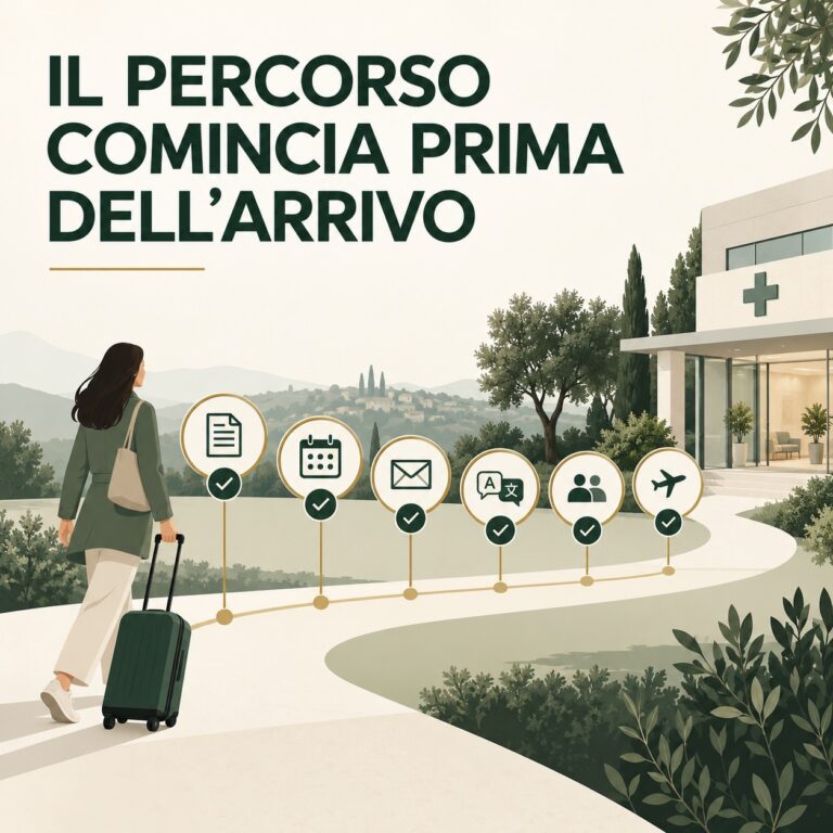 Paziente internazionale che raggiunge una struttura sanitaria dopo aver completato documenti, conferme, viaggio e organizzazione pre-arrival