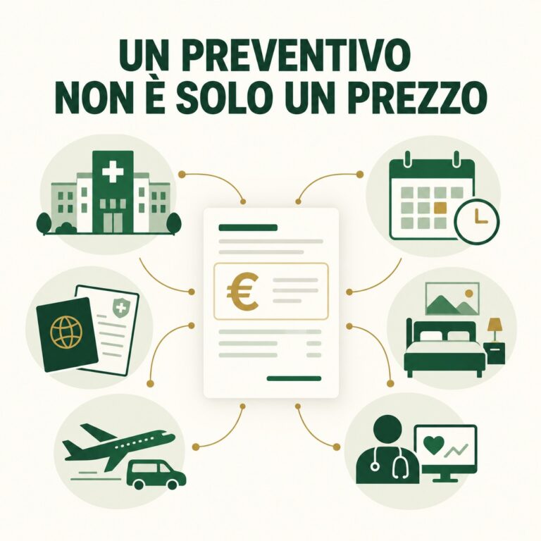 Preventivo per un paziente internazionale collegato a clinica, viaggio, soggiorno, calendario e follow-up