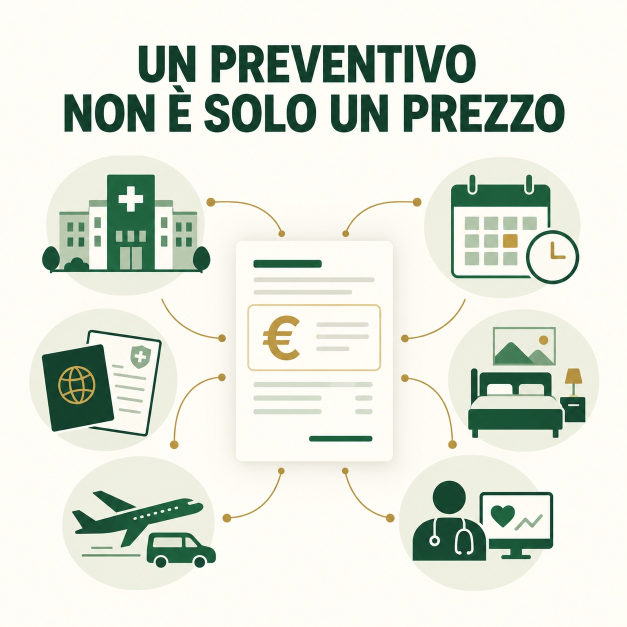 Preventivo per un paziente internazionale collegato a clinica, viaggio, soggiorno, calendario e follow-up