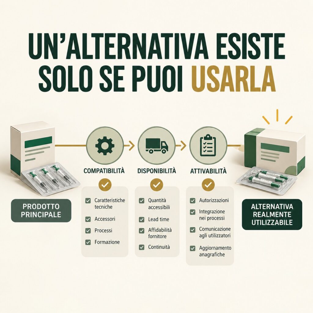 Grafica editoriale sul procurement che mostra il passaggio da prodotto principale ad alternativa attraverso verifica di compatibilità, disponibilità e attivabilità.