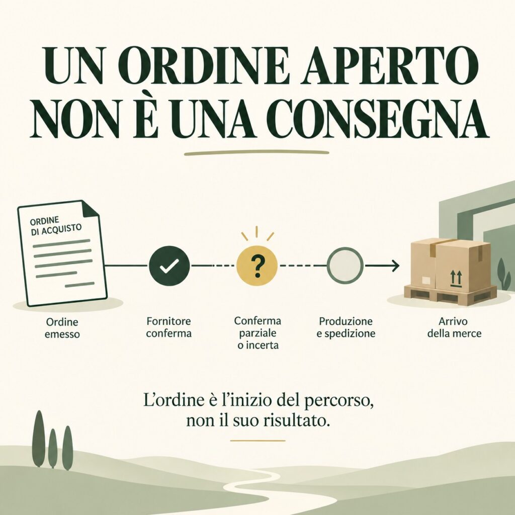 Grafica editoriale sul procurement che distingue un ordine emesso da una fornitura realmente confermata e sotto controllo