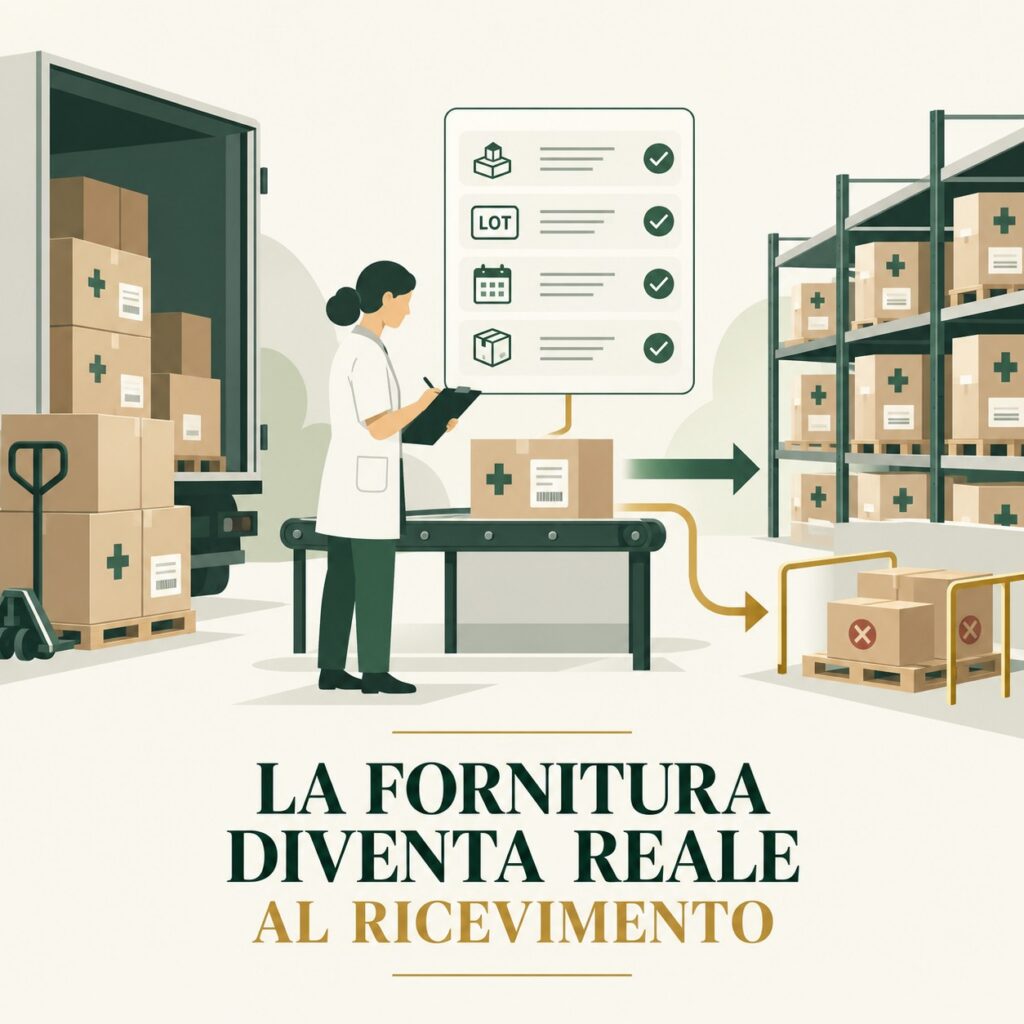 Grafica editoriale sul procurement sanitario che mostra il controllo al ricevimento di quantit&agrave;, lotto, scadenza e integrit&agrave; prima dello stock disponibile.