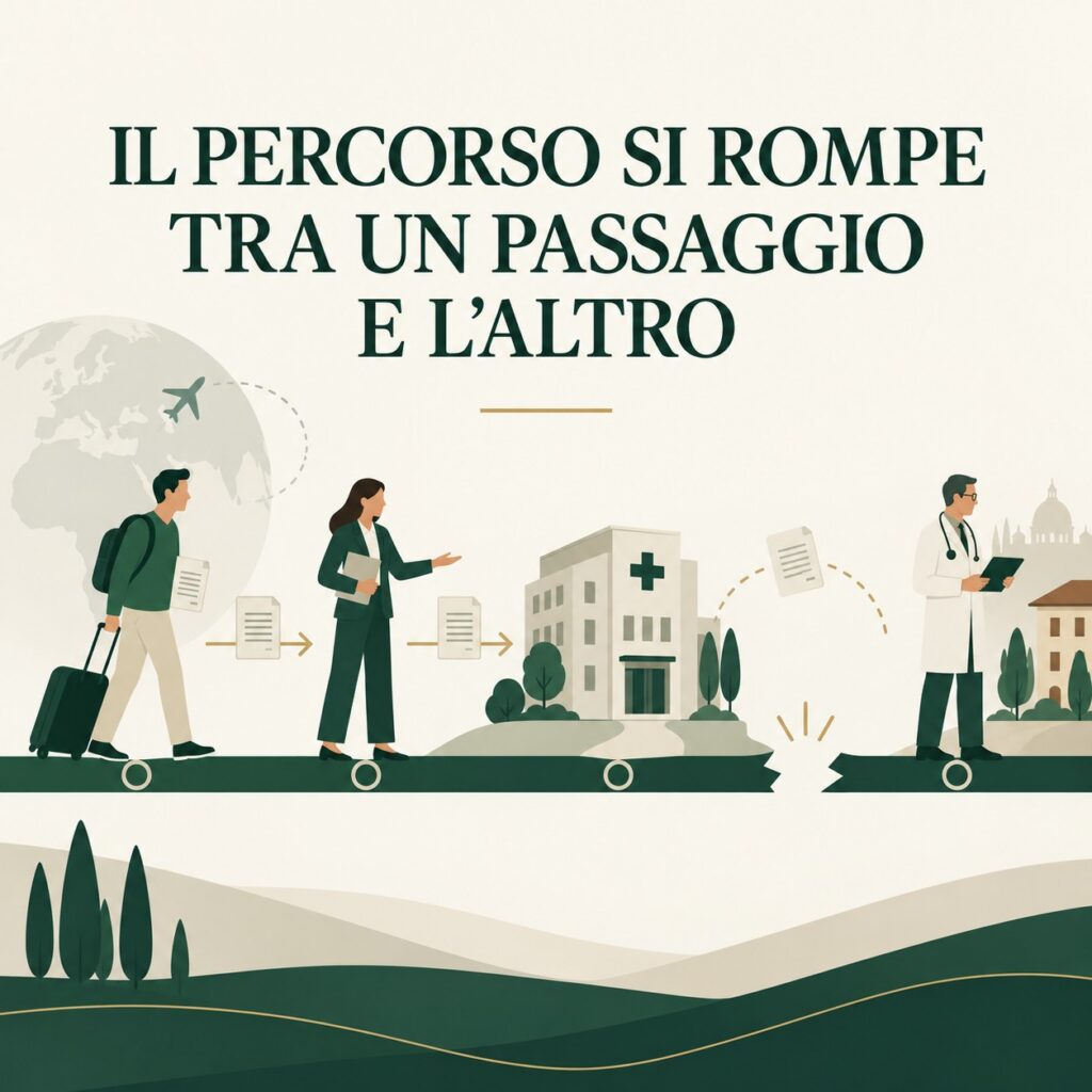 Grafica editoriale sul turismo medico che rappresenta il passaggio di consegne tra paziente, facilitatore, struttura sanitaria e professionista nel Paese di origine.