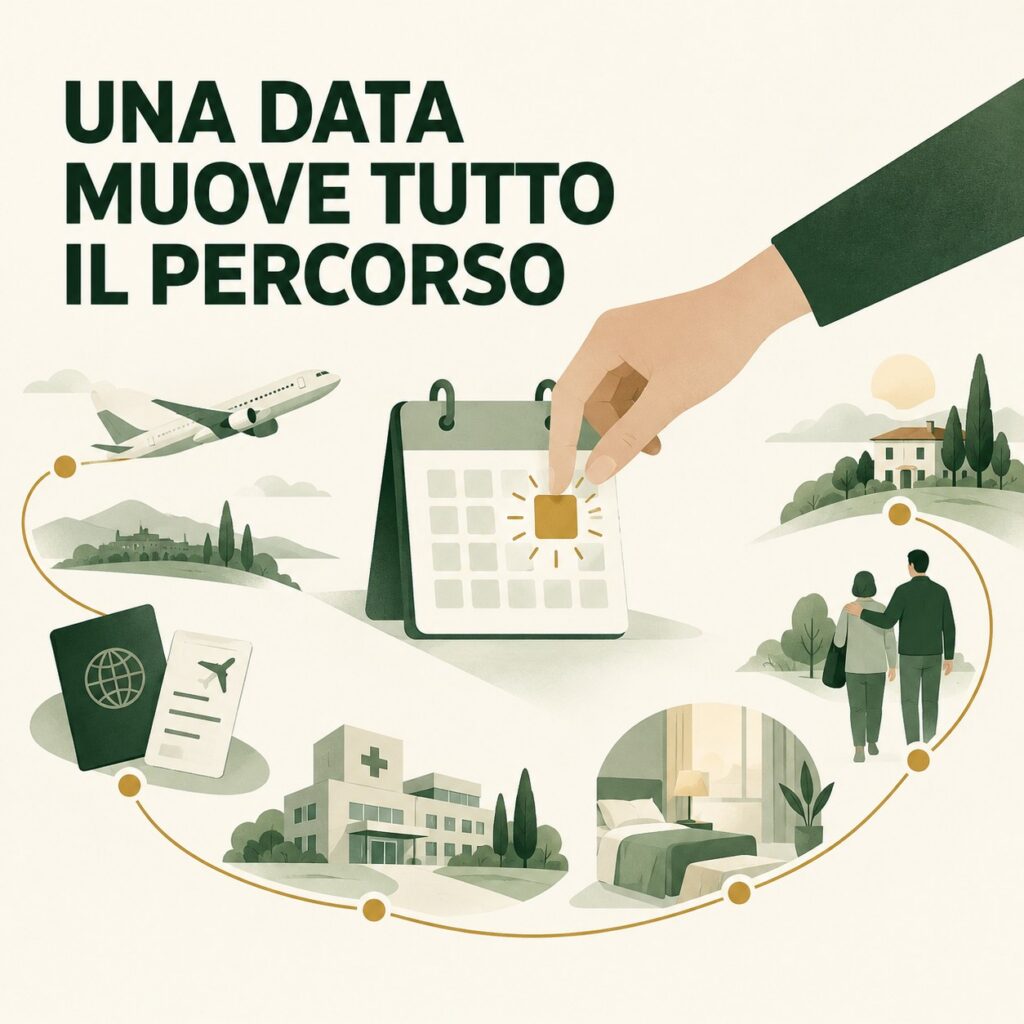 Grafica editoriale sul turismo medico che collega una data centrale a viaggio, struttura sanitaria, soggiorno, accompagnatore e rientro