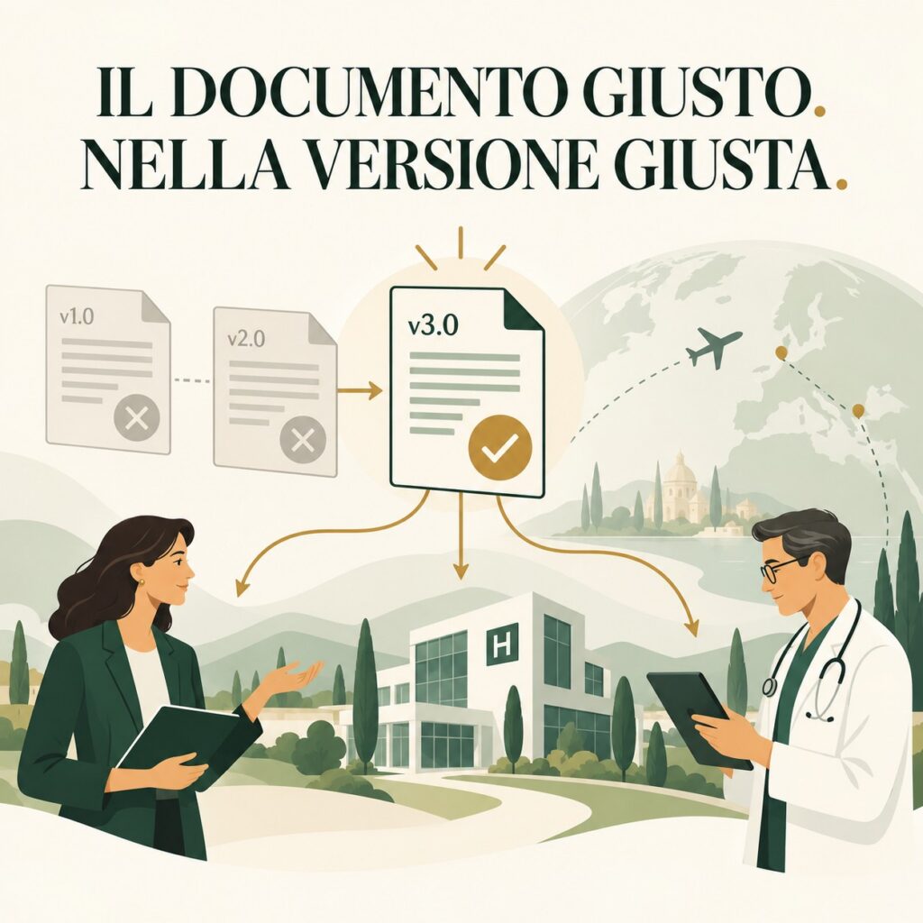 Grafica editoriale sul turismo medico che mostra più versioni dello stesso documento e una sola versione corrente e valida.